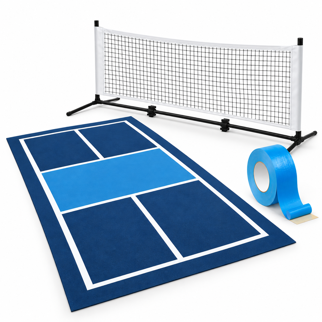 Everything included: portable pickleball net, double-sided court tape, and painted court mat